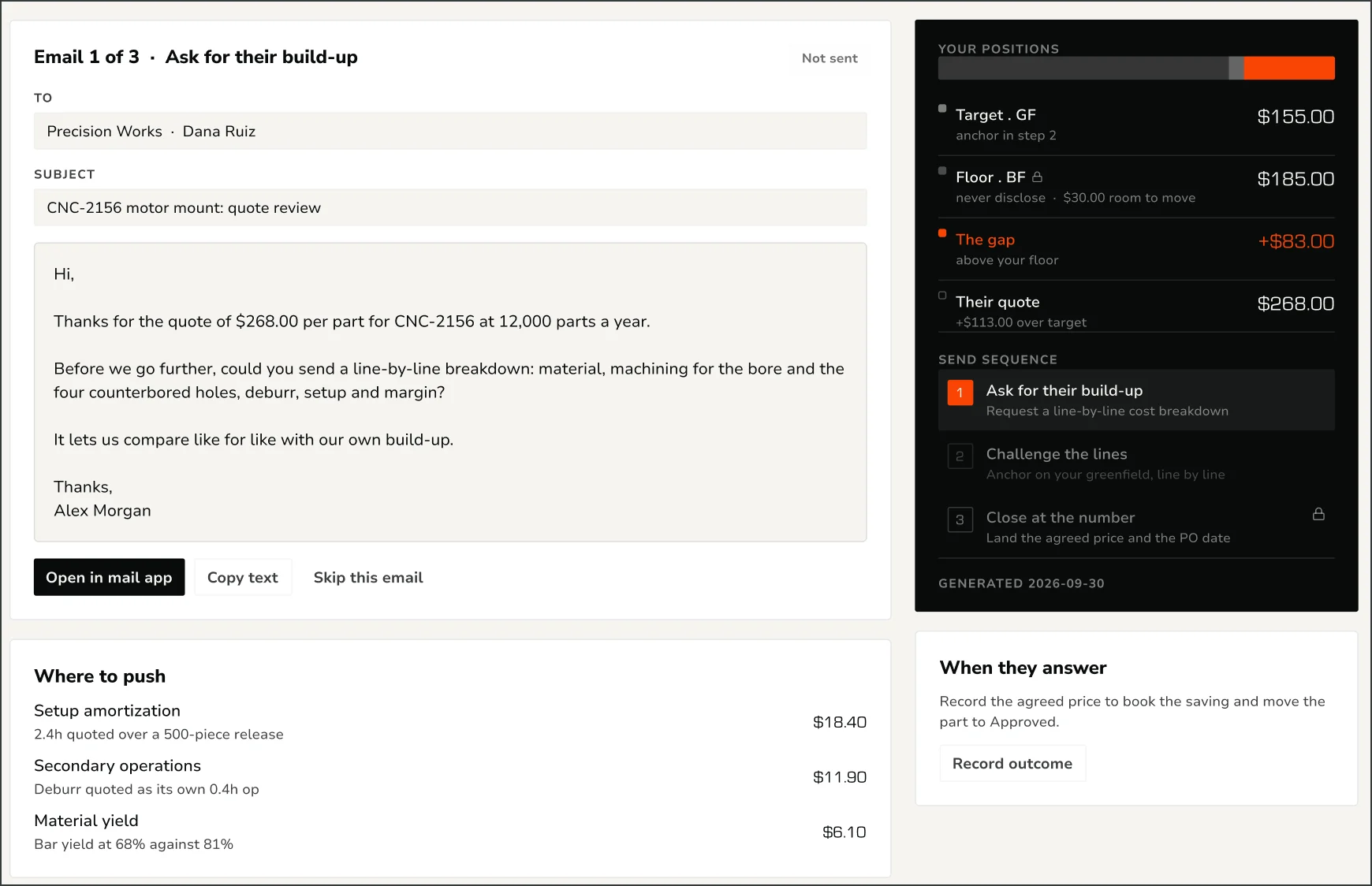 Costnyx negotiation step for CNC-2156: the first email asking Precision Works for a line-by-line breakdown, the positions rail with target $155.00, floor $185.00, the $83.00 gap and their $268.00 quote, and where to push.