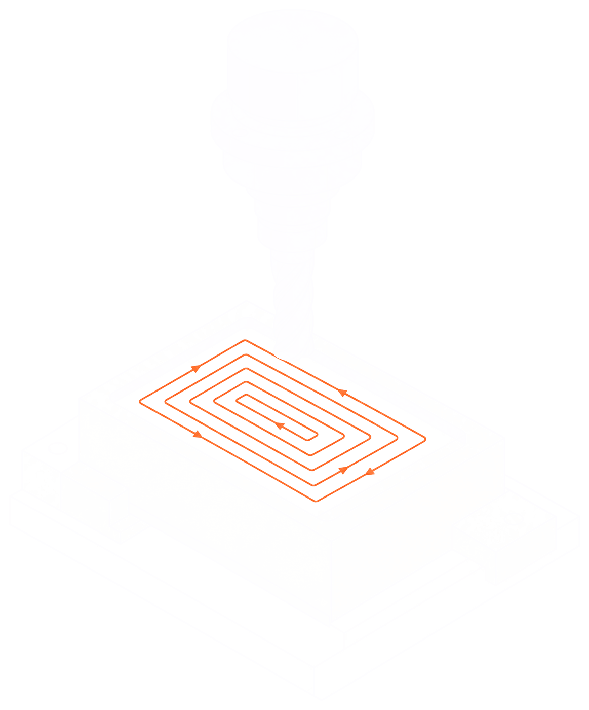 End mill with toolpath over a machined block
